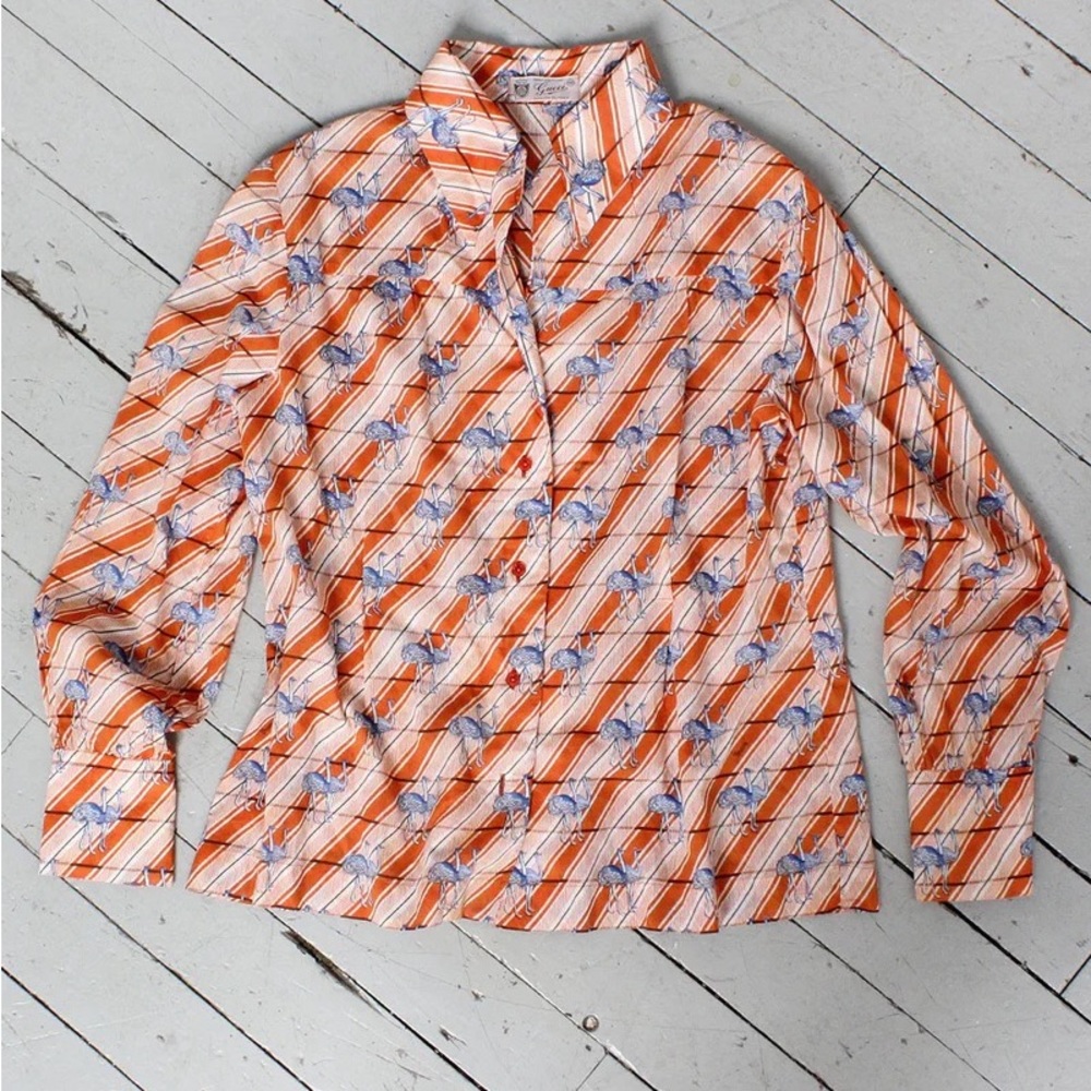 Vintage Gucci Blouse Womens 42 Orange Stripe Ostrich Print Button Up Top 70s